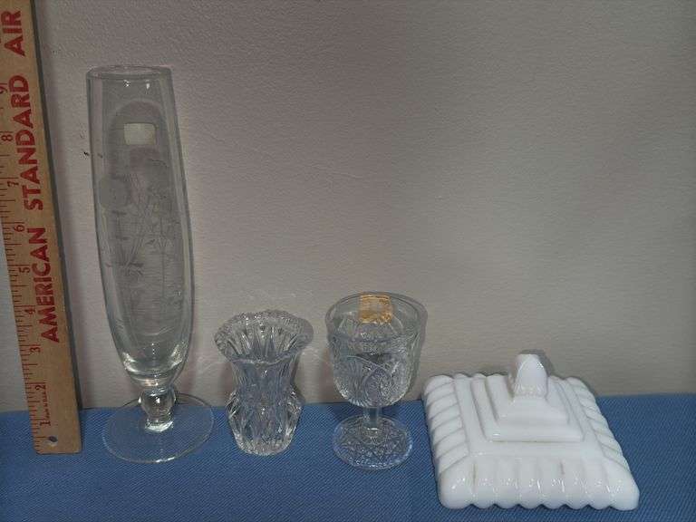 Frosted glass split dish, toothpick holder, bud vase, & more