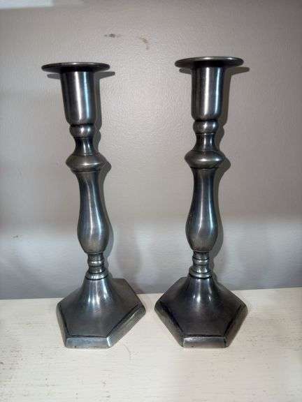 Pewter candlestick holders & creamer/sugar set