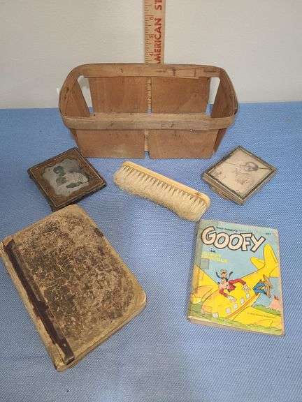 Vintage books, pitchers, produce basket, & brush