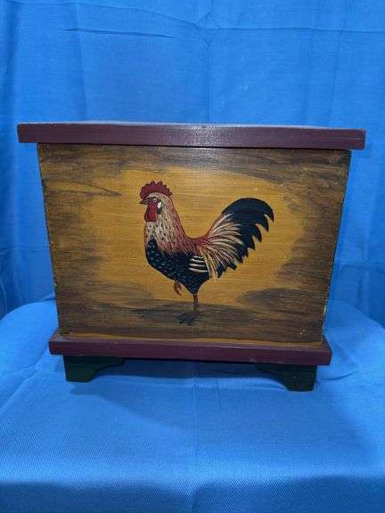Storage box with rooster painted on front & ceramic chicken