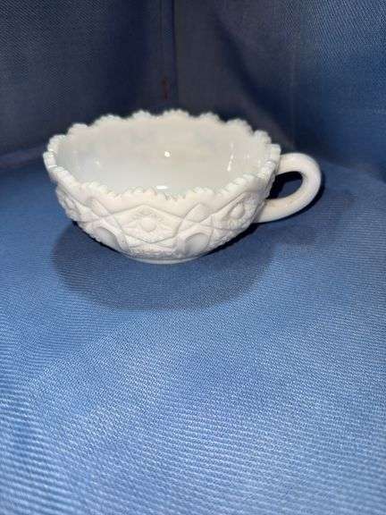 Milk Glass Heritage Pattern Nappy Bowl with a handle