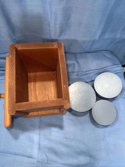 Wooden storage box with lod & 3 small round blue trinket boxes