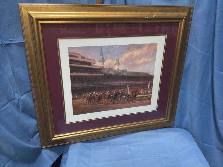 2 Derby style framed prints with gold colored frames