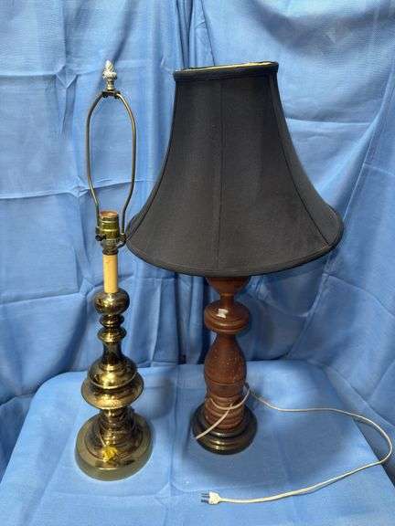 Heavy brass colored lamp & wooden lamp with shade