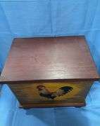Storage box with rooster painted on front & ceramic chicken