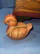 Storage box with rooster painted on front & ceramic chicken