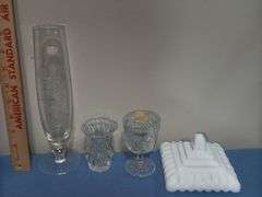 Frosted glass split dish, toothpick holder, bud vase, & more