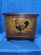 Storage box with rooster painted on front & ceramic chicken