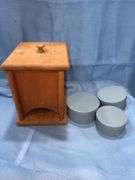 Wooden storage box with lod & 3 small round blue trinket boxes
