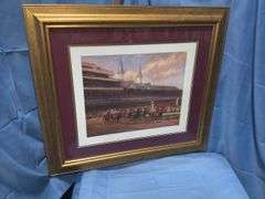 2 Derby style framed prints with gold colored frames