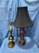 Heavy brass colored lamp & wooden lamp with shade