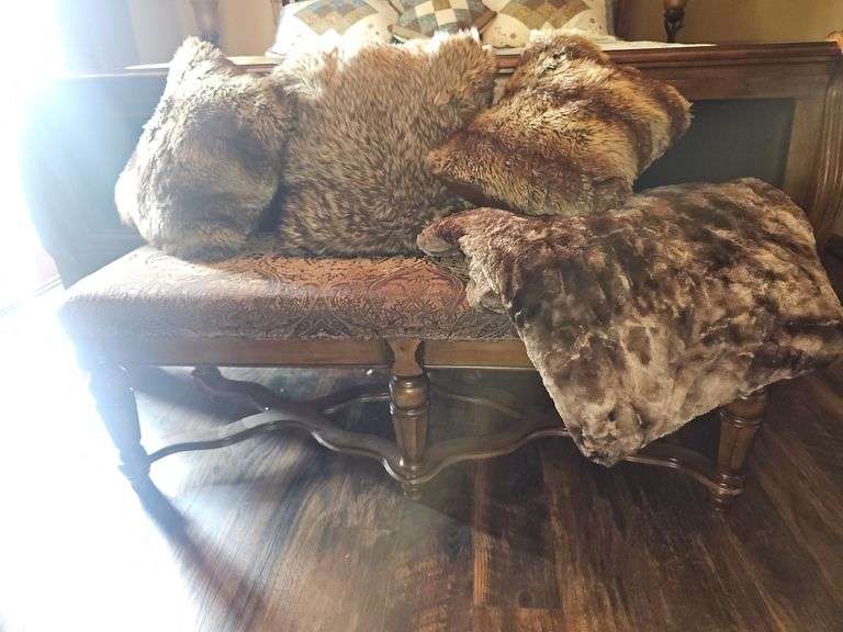 Victorian Upholstered Ottoman Bench, Pillows & Throw