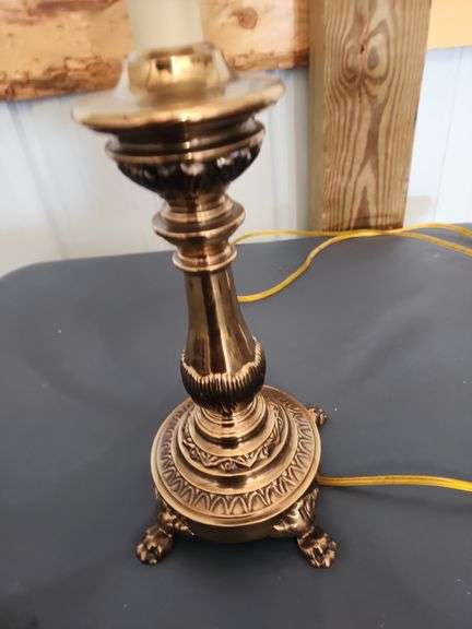 Candlestick style brass lamp with shade