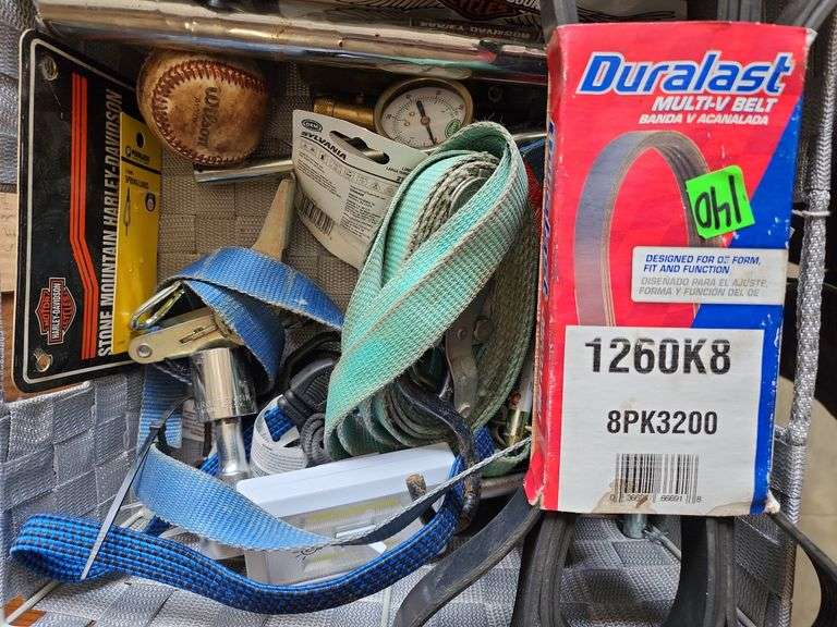 Ratchet Tie-Down Straps, Ratchet Socket Wrench, Tape Measure, Slime Brass Dial Tire Pressure Guage D