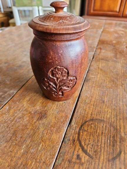 Vintage India Hand Carved Wooden Jar with Lid
