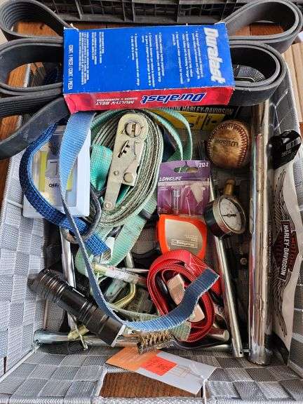 Ratchet Tie-Down Straps, Ratchet Socket Wrench, Tape Measure, Slime Brass Dial Tire Pressure Guage D