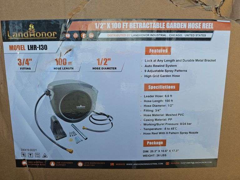 LANDHONOR ½X100FT RETRACTABLE GARDEN HOSE REEL