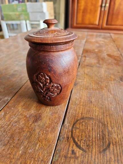 Vintage India Hand Carved Wooden Jar with Lid