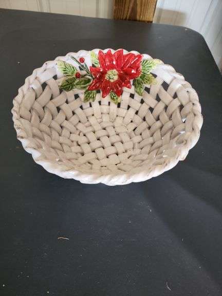 Ceramic Basket-Style Serving Dishwith Poinsetta & Holly Berry Design