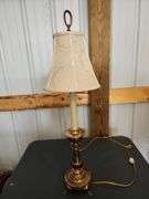 Candlestick style brass lamp with shade