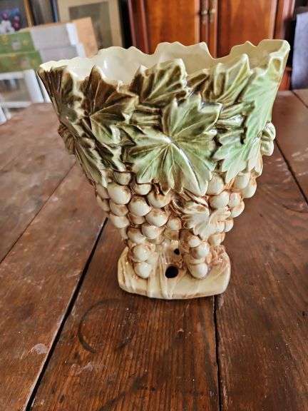 Vintage 1950s McCoy Glazed Art Pottery Vase Grapes & Vine Leaves