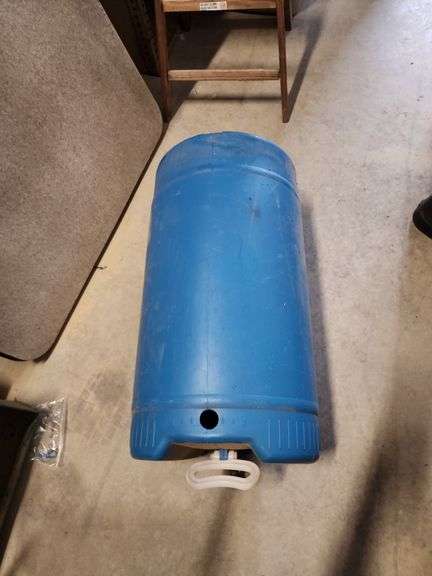 15-gallon blue plastic drum