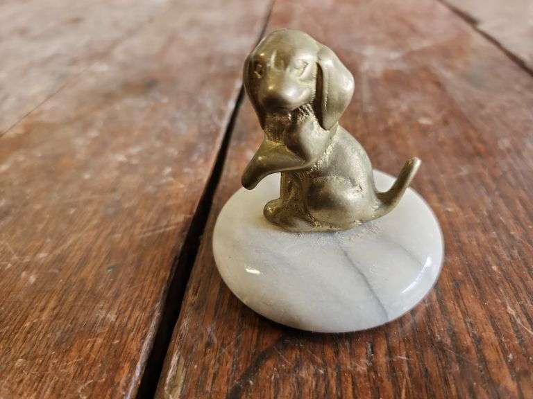 Vintage Brass Dog on Small Marble Piece