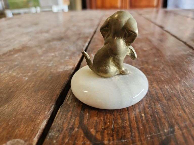 Vintage Brass Dog on Small Marble Piece
