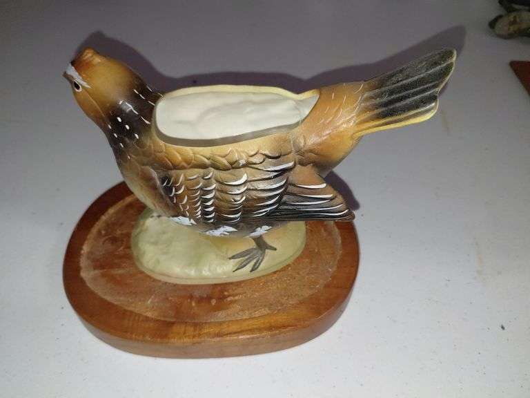 Vintage Ceramic Quail Planter on Wooden Stand