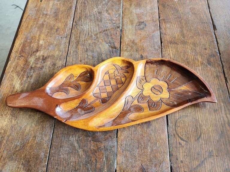 Vintage Haitian Hand Carved Mahogany Leaf Divided Serving Tray