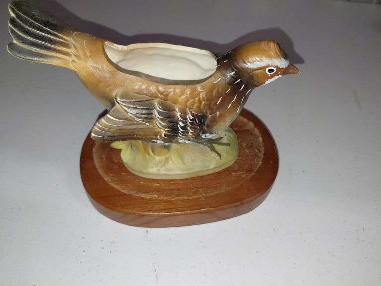 Vintage Ceramic Quail Planter on Wooden Stand