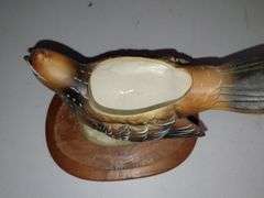 Vintage Ceramic Quail Planter on Wooden Stand
