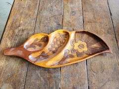 Vintage Haitian Hand Carved Mahogany Leaf Divided Serving Tray