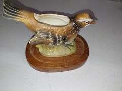 Vintage Ceramic Quail Planter on Wooden Stand