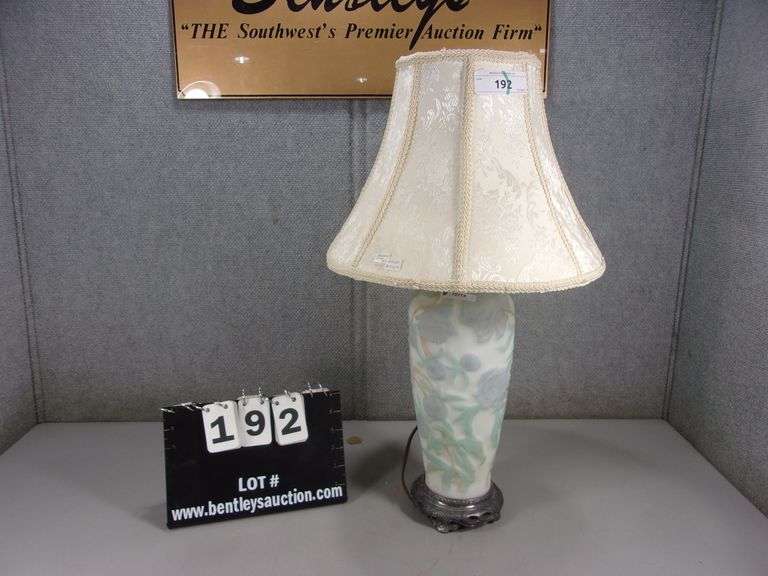 SILVER METAL BASE LAMP W/ PORCELAIN FLORAL BODY & WHITE FLORAL SHADE