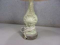 BROWN METAL BASE & GREEN CERAMIC LAMP W/ TAN LAMP SHADE