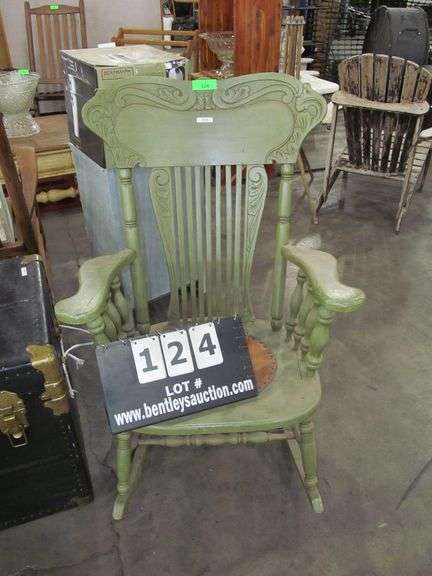 ANTIQUE GREEN PAINTED PRESSED BACK WOOD GRANDMA ROCKER W/ LEATHER SEAT ...