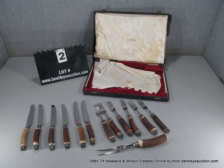 13 PIECE: REAL STAG HORN SILVERWARE SET, CASE TORN