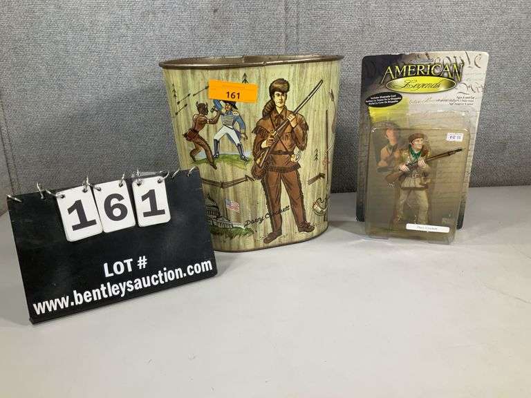 (2): DAVY CROCKETT ACTION FIGURE & 60'S ALL METAL TRASHCAN
