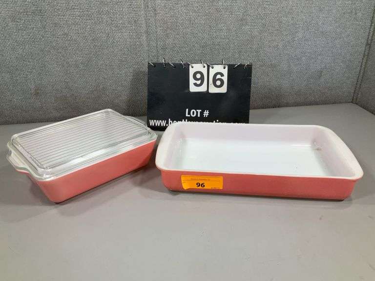 (2): PYREX PINK REF CASSEROLE W/ LID, PINK RECTANGLE CASSEROLE DISH