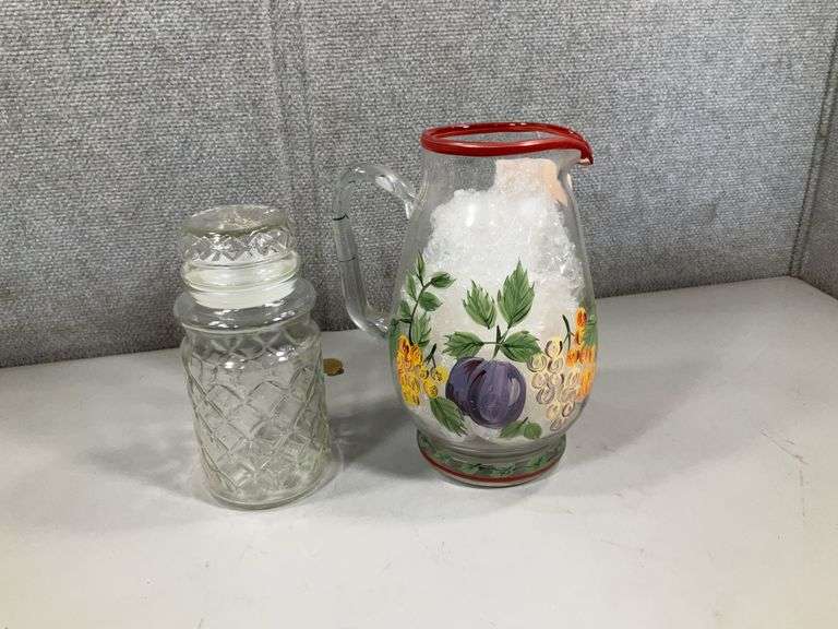 (2): PEANUT CANDY JAR, FRUIT DESIGN TEA OR LEMONADE PITCHER