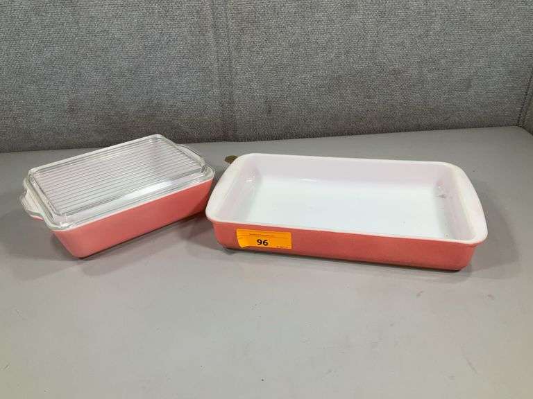 (2): PYREX PINK REF CASSEROLE W/ LID, PINK RECTANGLE CASSEROLE DISH