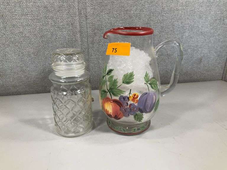 (2): PEANUT CANDY JAR, FRUIT DESIGN TEA OR LEMONADE PITCHER