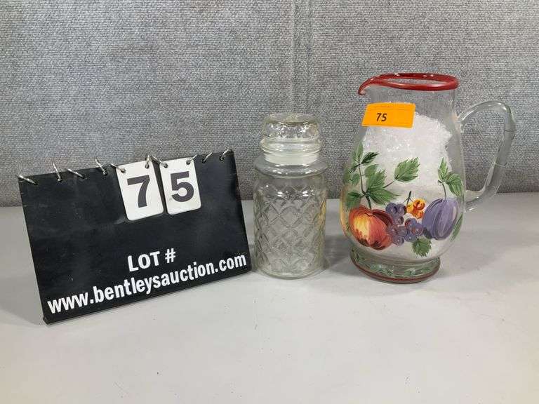(2): PEANUT CANDY JAR, FRUIT DESIGN TEA OR LEMONADE PITCHER