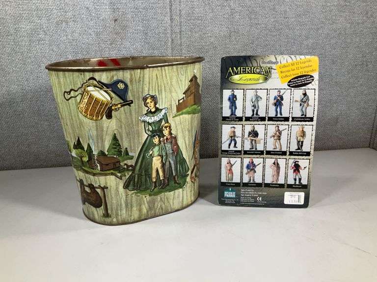 (2): DAVY CROCKETT ACTION FIGURE & 60'S ALL METAL TRASHCAN