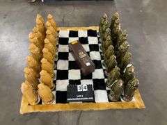 36-PIECE COMPLETE 1960 "OLD CROW' CHESS SET W/ ORIGINAL RUG BOARD - A;; BOXES AND CASES