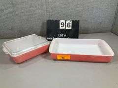 (2): PYREX PINK REF CASSEROLE W/ LID, PINK RECTANGLE CASSEROLE DISH