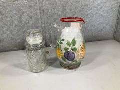 (2): PEANUT CANDY JAR, FRUIT DESIGN TEA OR LEMONADE PITCHER