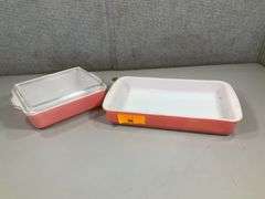 (2): PYREX PINK REF CASSEROLE W/ LID, PINK RECTANGLE CASSEROLE DISH