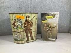 (2): DAVY CROCKETT ACTION FIGURE & 60'S ALL METAL TRASHCAN